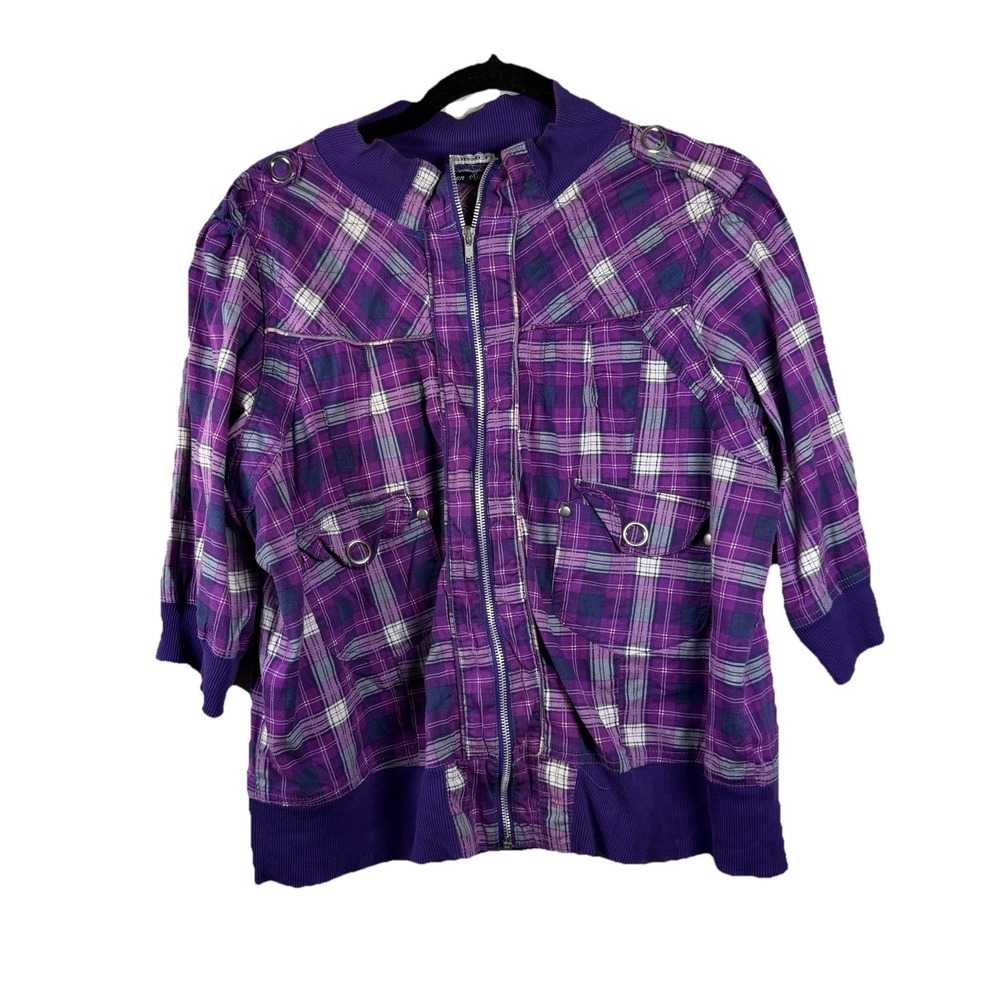 VTG Plaid Jacket Women's Purple Button Front 80s 90s Retro Y2K Sleeve Bomber